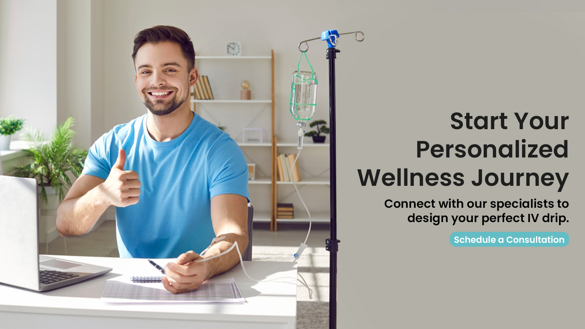 Happy man giving thumbs up while receiving IV drip therapy at home with Neovital Wellness.