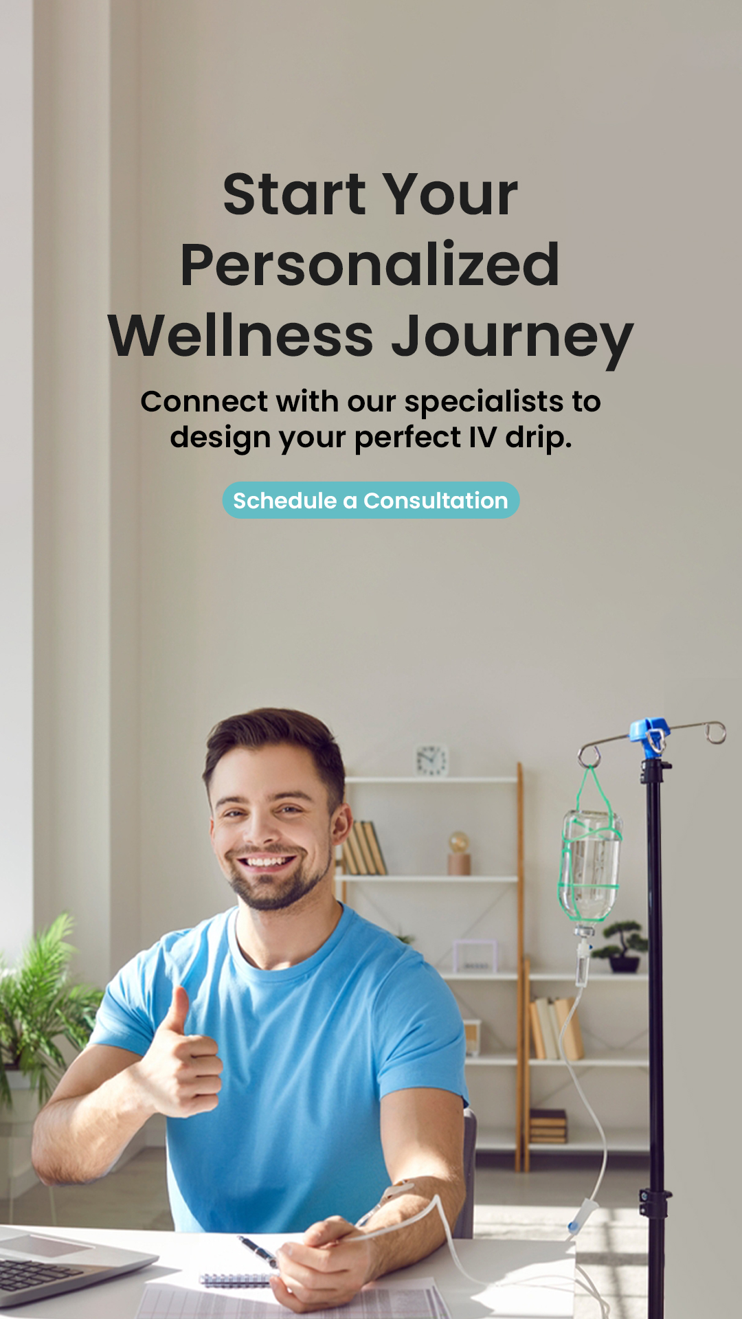 Happy man giving thumbs up while receiving IV drip therapy at home with Neovital Wellness.